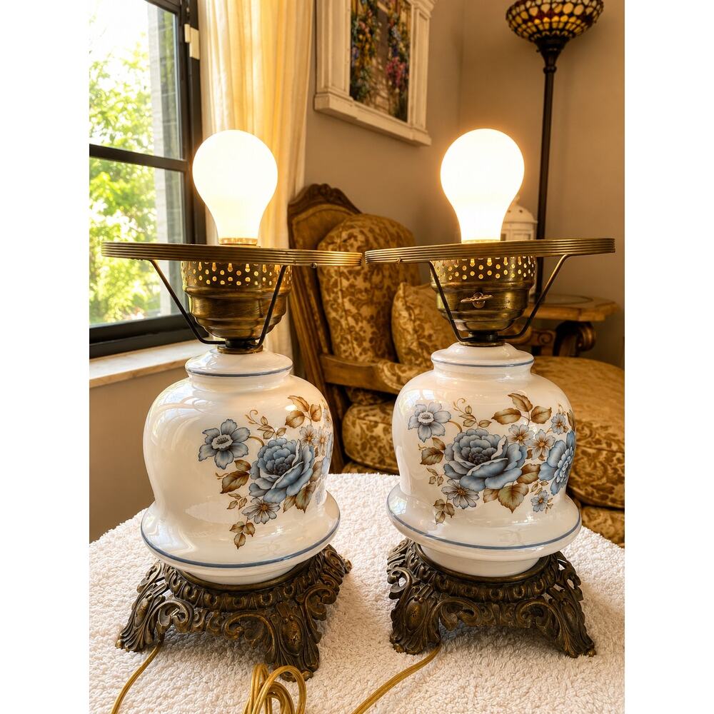 Pair vintage Gone with the Wind style table lamp, white glass base  blue floral